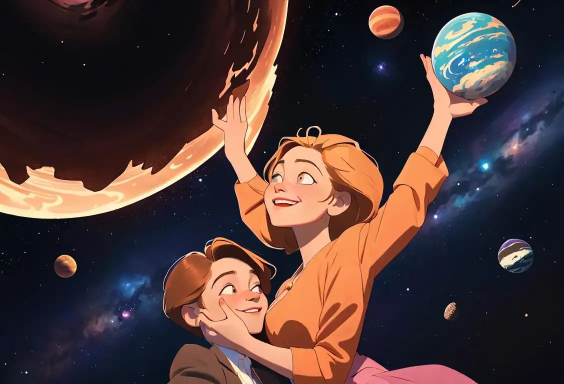 Happy couple: Illustrator drawing of a smiling couple holding hands, surrounded by stars and planets, cosmic backdrop..