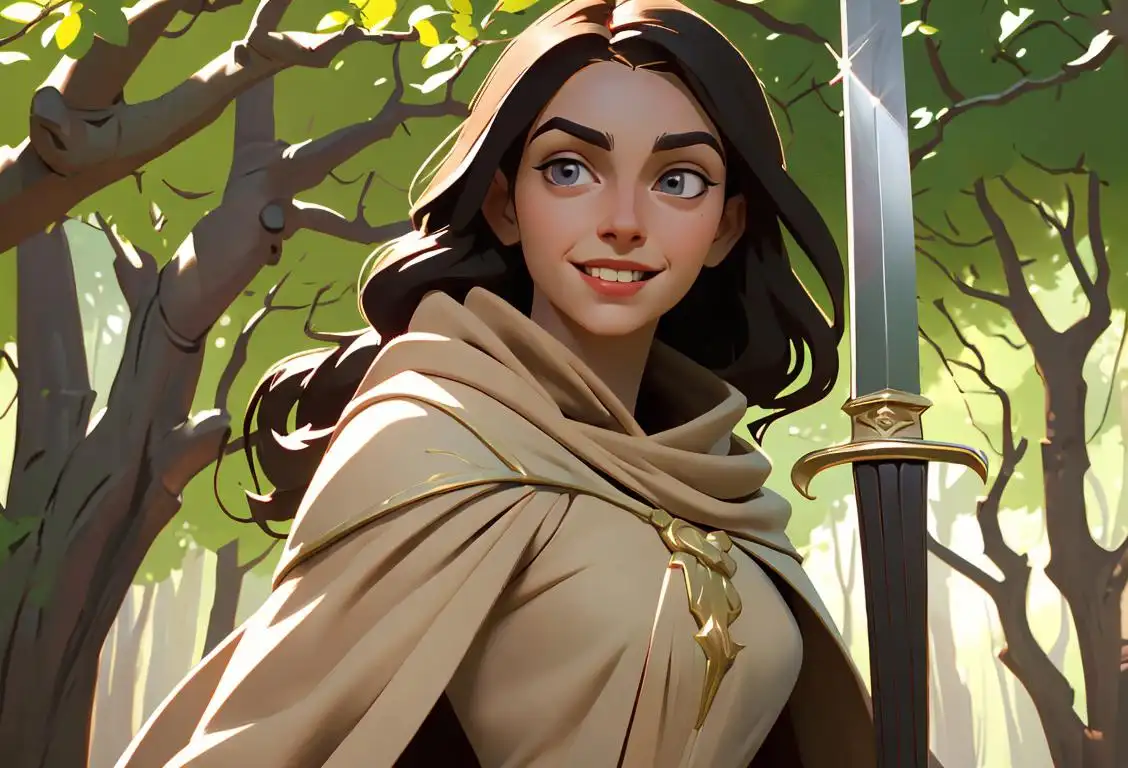 Young woman with a sword, confident smile, wearing a beige cloak, fantasy woodland setting..