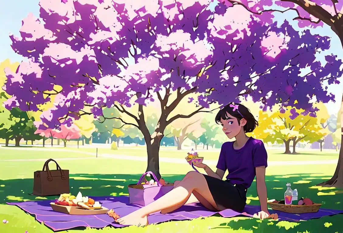 Young person with purple ribbon on their clothes, sitting under a tree on a sunny day, friendly picnic setting..