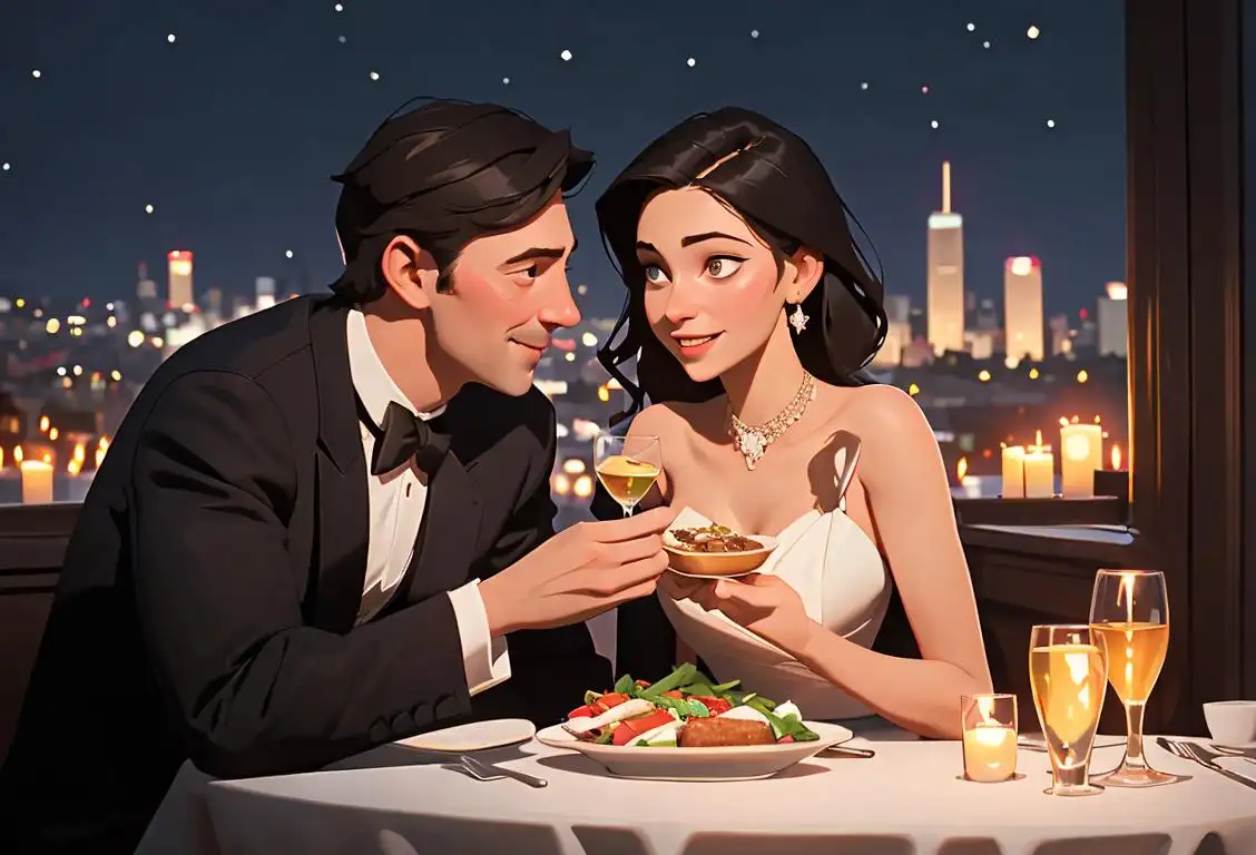 Happy couple enjoying a candlelit dinner under the stars, dressed in elegant attire, with a romantic city skyline in the background.