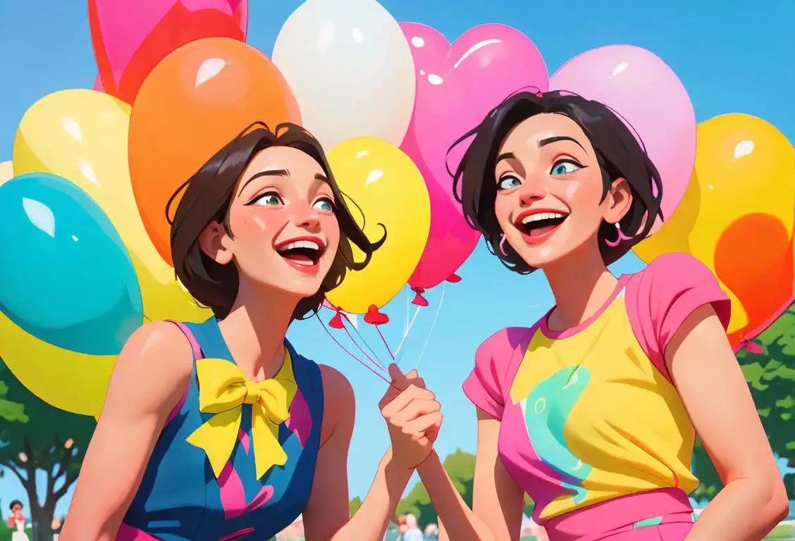 Joyful individuals laughing and holding colorful balloons, dressed in vibrant and cheerful attire, in a lively park setting..