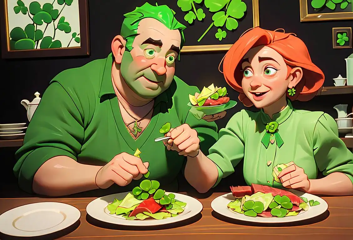 Happy couple in Irish-themed attire, enjoying a plate of corned beef and cabbage, surrounded by shamrocks and Celtic decorations..