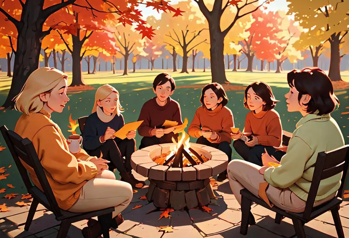 Group of friends sitting around a campfire, wearing cozy sweaters, surrounded by autumn leaves on National Fellowship Day..