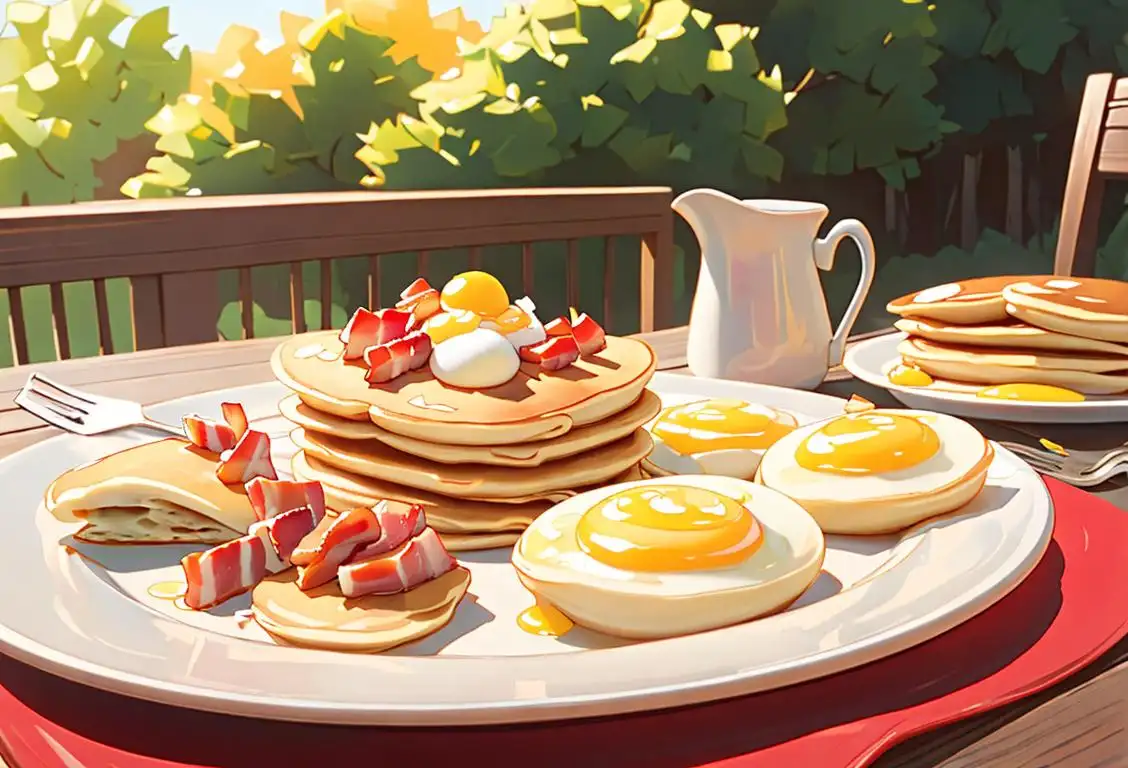 Homemade breakfast spread with pancakes, eggs, bacon, and fresh fruits on a sunny patio..