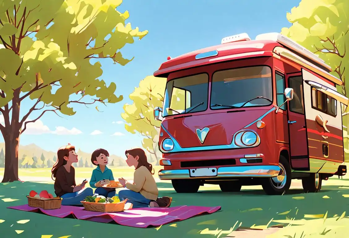 Happy family sitting in a cozy RV, surrounded by beautiful nature, enjoying a picnic under the clear blue sky..