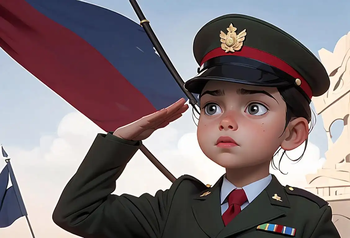 Young child wearing a military hat, saluting with one hand, flags of different countries in the background..
