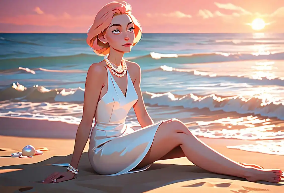 Beautiful woman wearing an elegant pearl necklace, sitting at a beach with a sunset backdrop, reminiscing joyful memories..