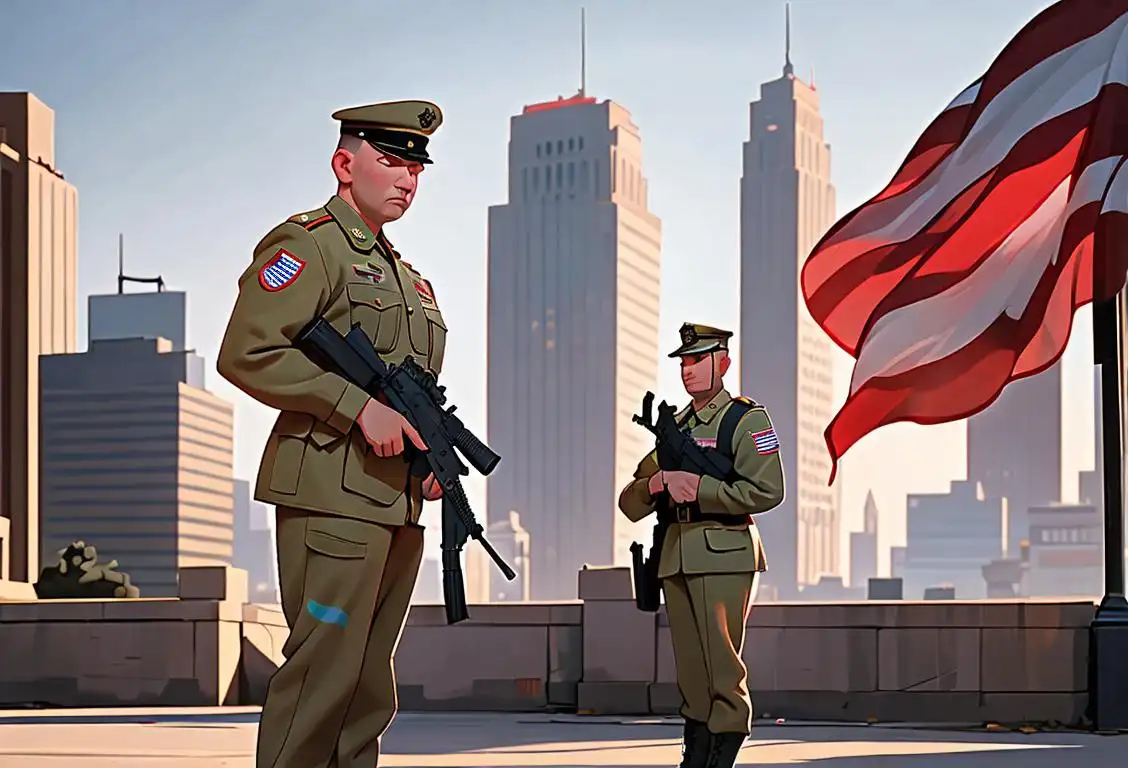 National Guard soldiers in uniform, standing in front of an American flag, city skyline in the background..