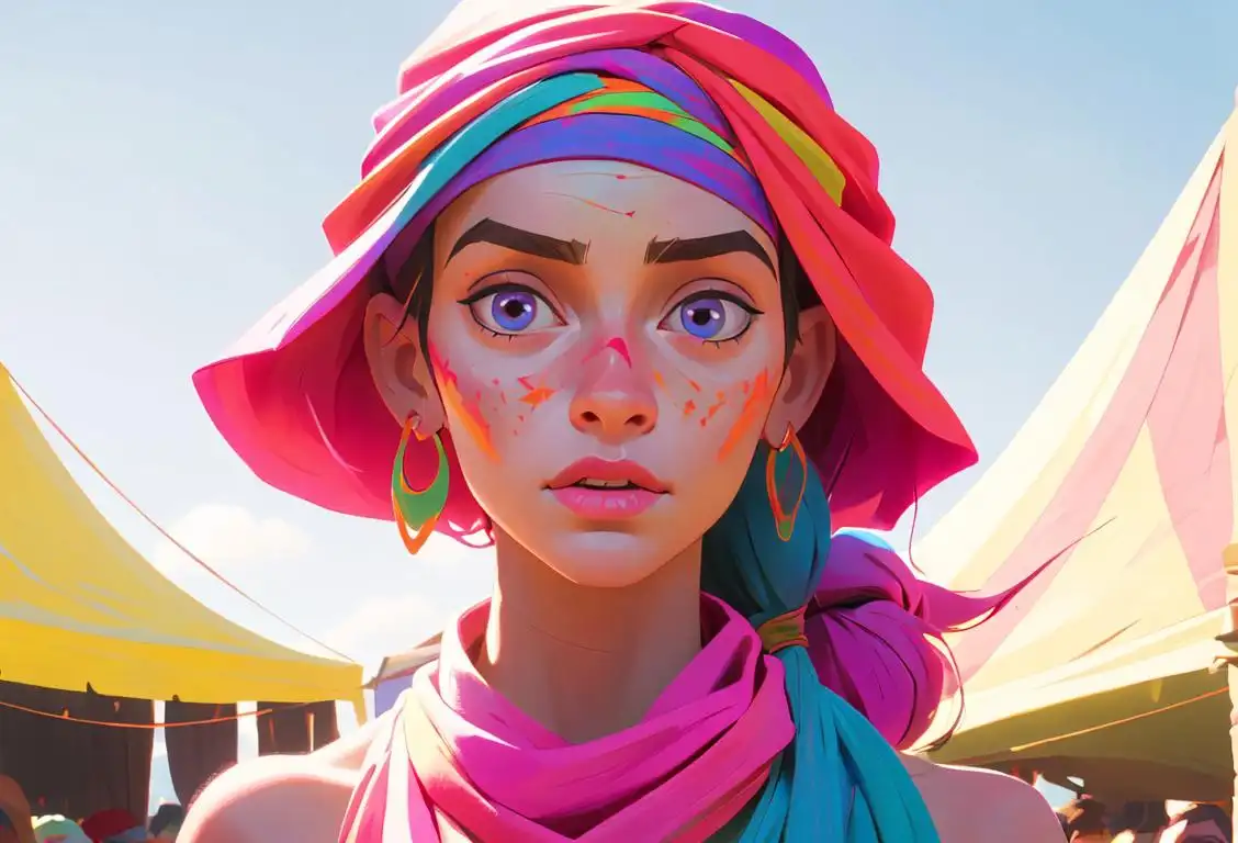 Young woman with a colorful bandana wrapped around her head, wearing boho chic clothing, standing in a vibrant festival setting..