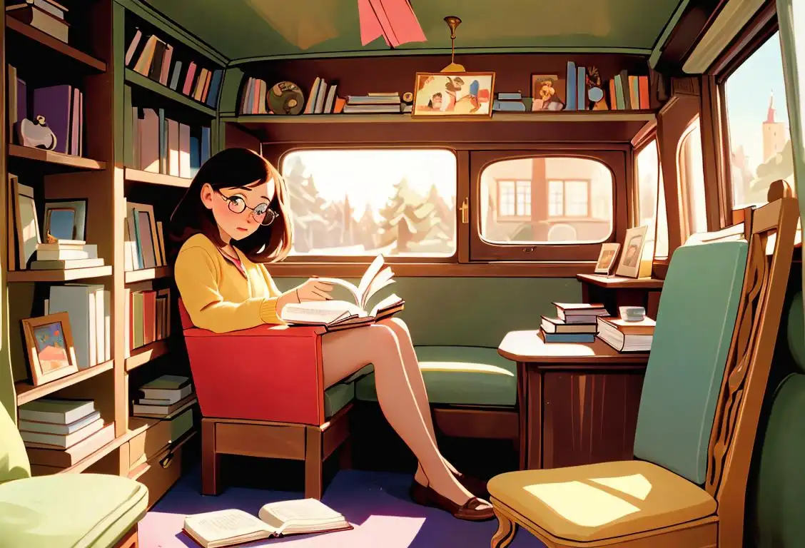 Cozy bookmobile interior: A young girl with glasses reading a book, surrounded by shelves of colorful books, with a vintage-inspired decor..