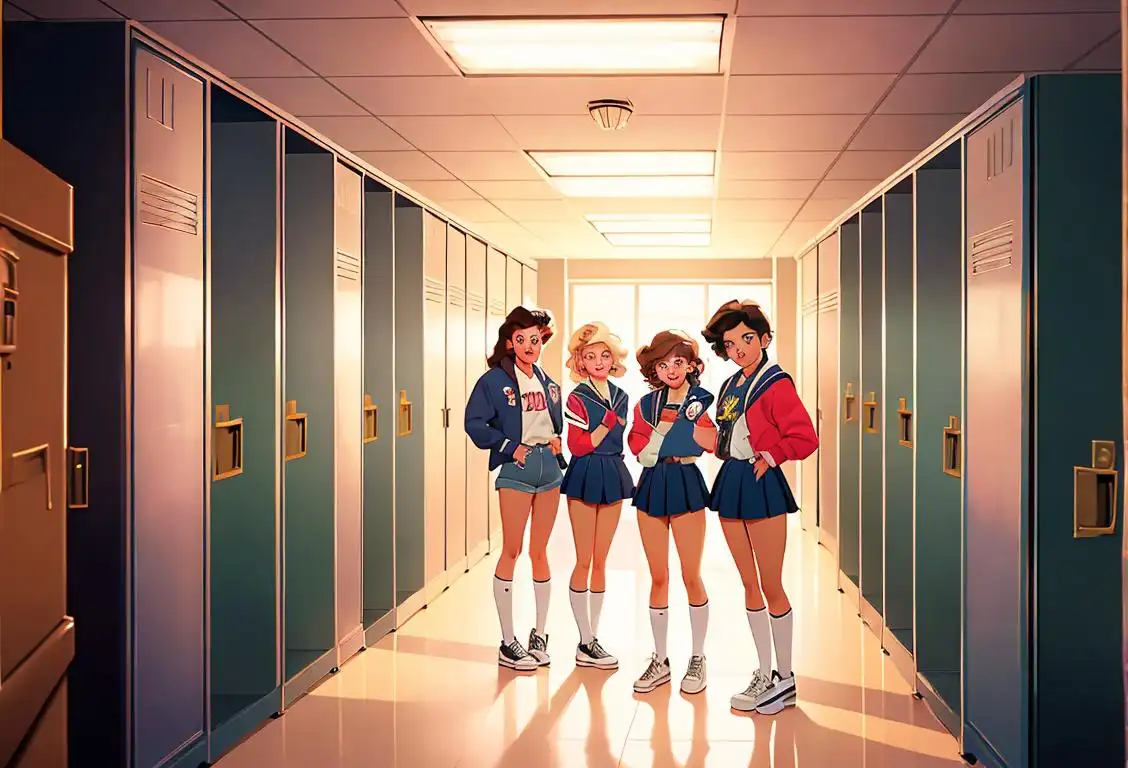 Group of diverse high school students posing in front of lockers, wearing varsity jackets, 80s fashion, school hallway setting..