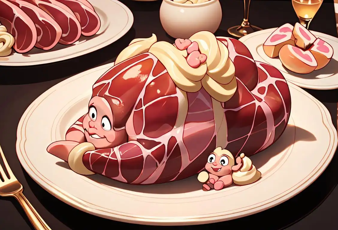 A family gathering around a beautifully glazed spiral ham, festive table setting, cozy winter attire, smiles all around..