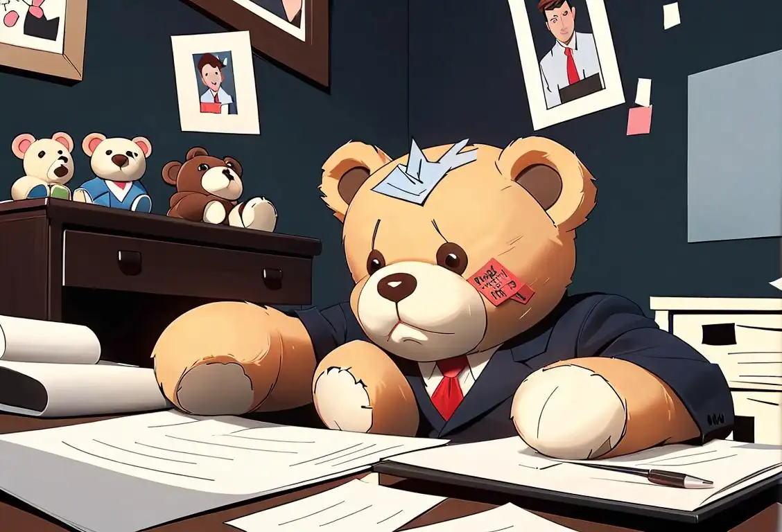 Young professional at office desk with a cute teddy bear, dressed in business attire and surrounded by paperwork and a computer..