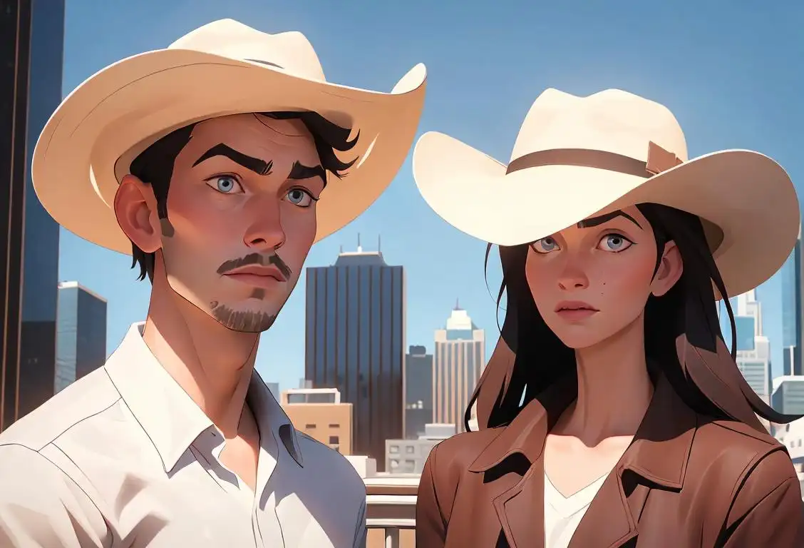 Two people in identical outfits, one wearing a cowboy hat and the other wearing a baseball cap, surrounded by city skyscrapers..