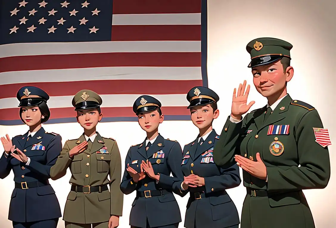 A group of diverse National Guard members in uniform standing proudly in front of an American flag backdrop, with their families smiling and waving in the background..