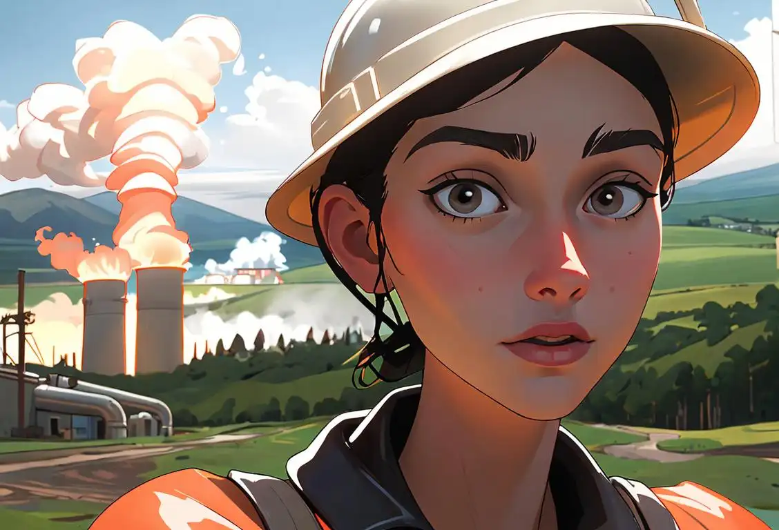 Young woman with a hard hat exploring a geothermal plant, wearing safety gear, with a beautiful natural landscape in the background..