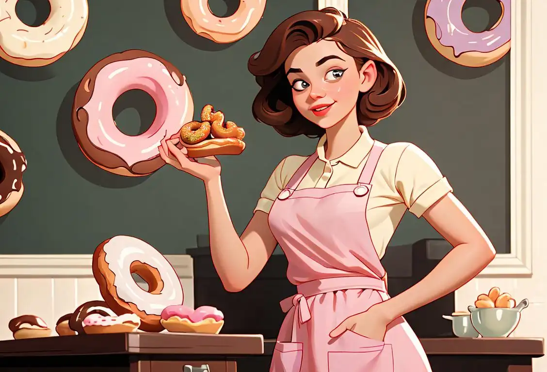 Young woman enjoying a delightful donut, wearing a cute apron, vintage kitchen setting with a whimsical wallpaper..