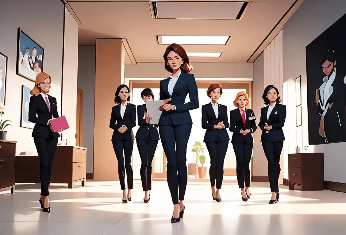 A group of diverse business women in stylish power suits, standing confidently in a modern office setting, with laptops and briefcases in hand..