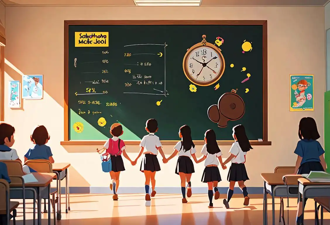 A group of school children walking into a classroom, each carrying a different style clock, surrounded by colorful educational posters..