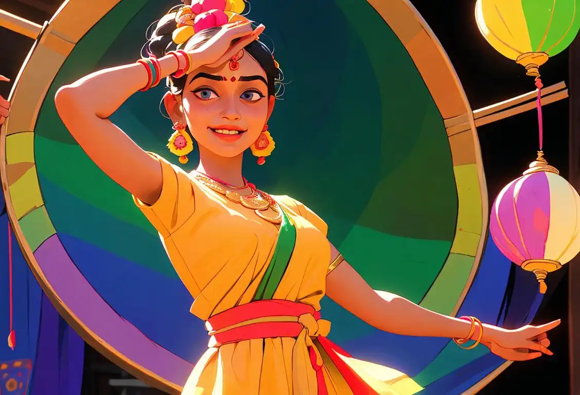 Young woman wearing traditional Indian attire, celebrating National Panchayati Day with a vibrant cultural event, joyful atmosphere, with colorful decorations and dancing..