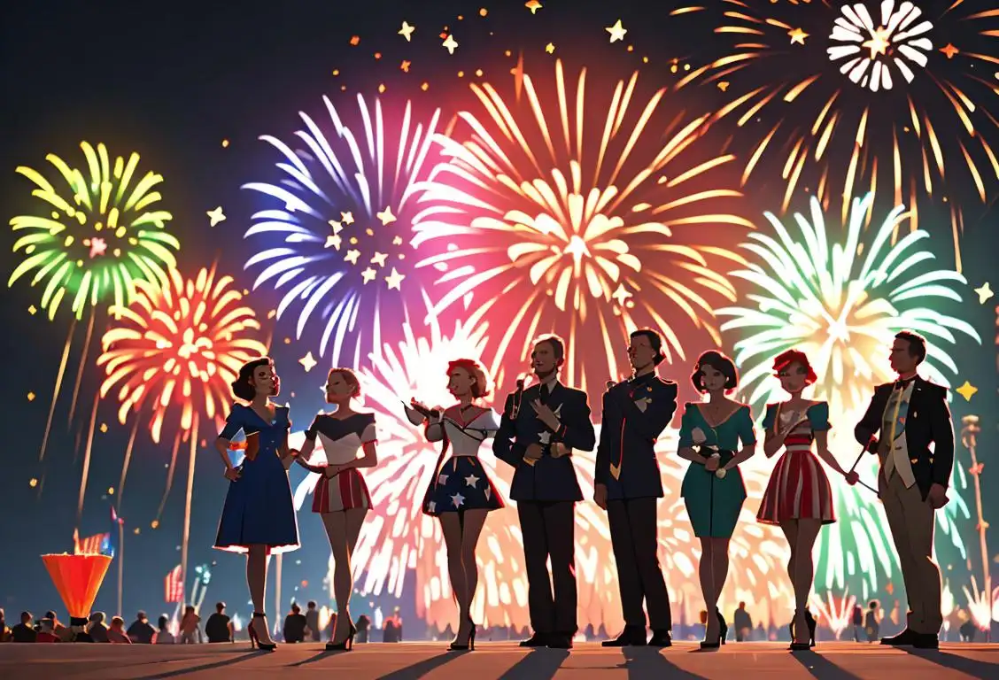 A group of diverse friends in fashionable attire, standing under a vibrant fireworks display, celebrating National Independence Day with flags and sparklers..