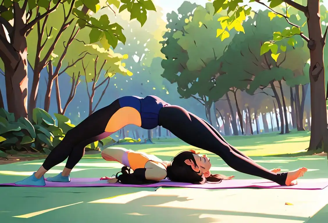 Young woman practicing a headstand on a yoga mat, wearing comfortable workout clothes, serene nature setting..