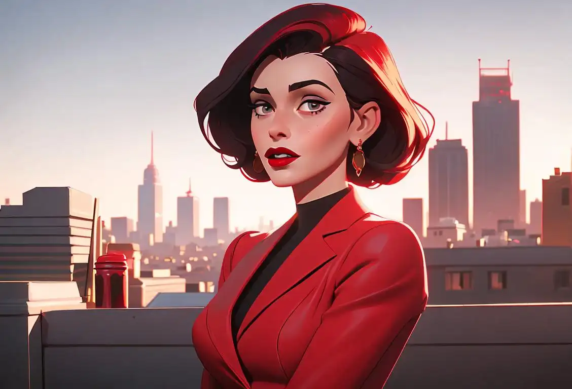 Young woman with red lipstick, wearing a classic Hollywood-inspired outfit, posing against a city skyline backdrop.