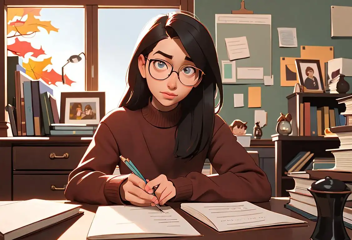 A student sitting at a desk, surrounded by books and notes, wearing glasses and a cozy sweater, with fall foliage in the background..