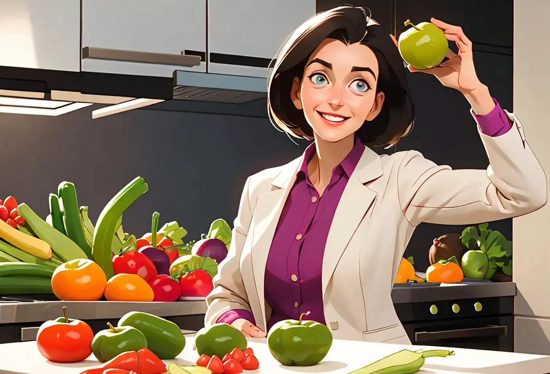 A happy and energetic registered dietitian holding an array of colorful fruits and vegetables, dressed in a professional white coat, modern kitchen setting..