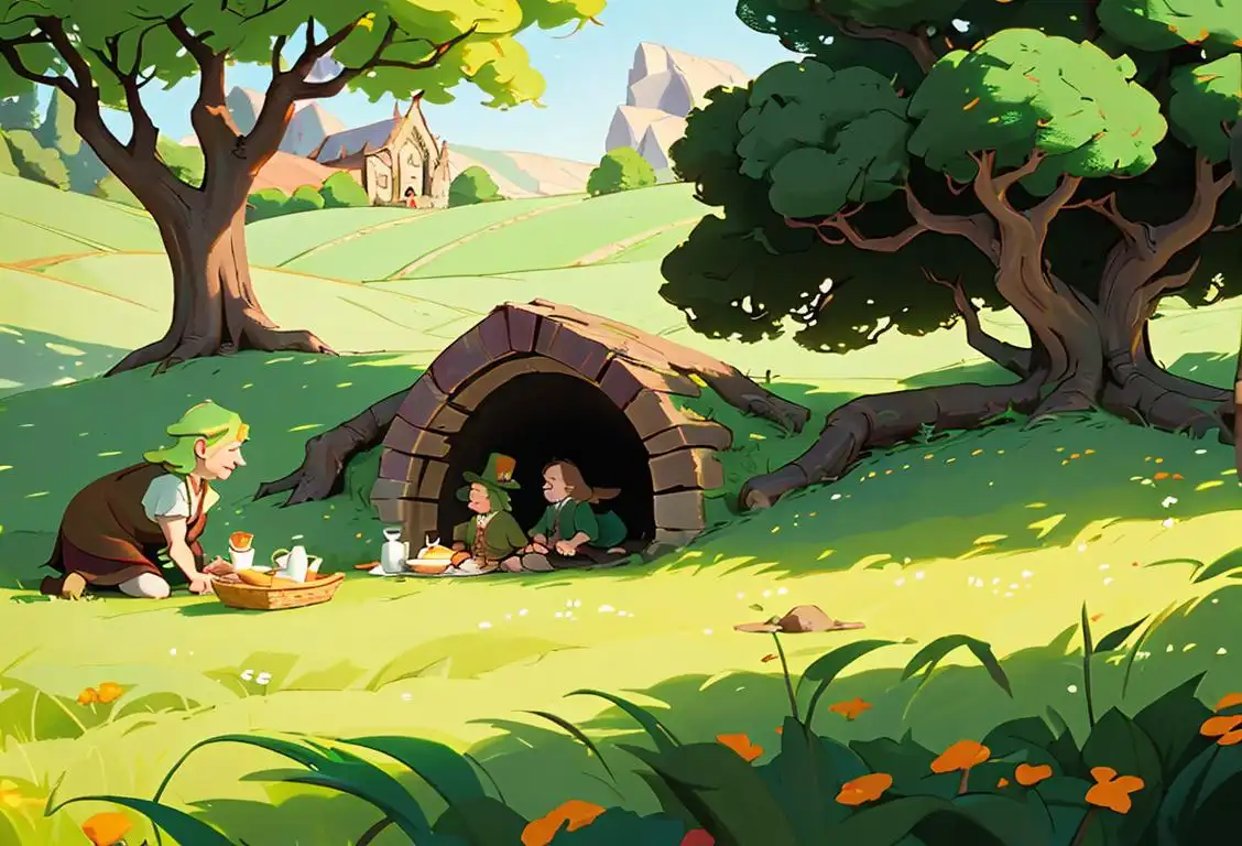 Happy hobbits having a second breakfast picnic in a lush green meadow, wearing colorful waistcoats, with a cozy hobbit hole in the background..