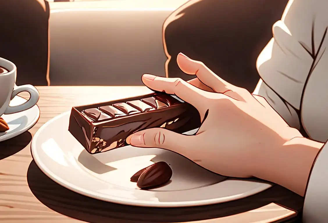 A happy person holding a chocolate bar with almonds, enjoying it in a cozy cafe atmosphere..