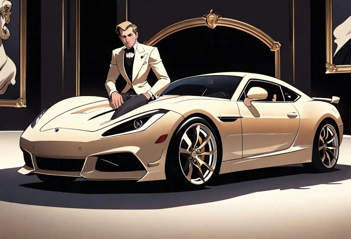 A classy millionaire sitting in a luxurious sports car, wearing a tailored suit and surrounded by opulent settings..
