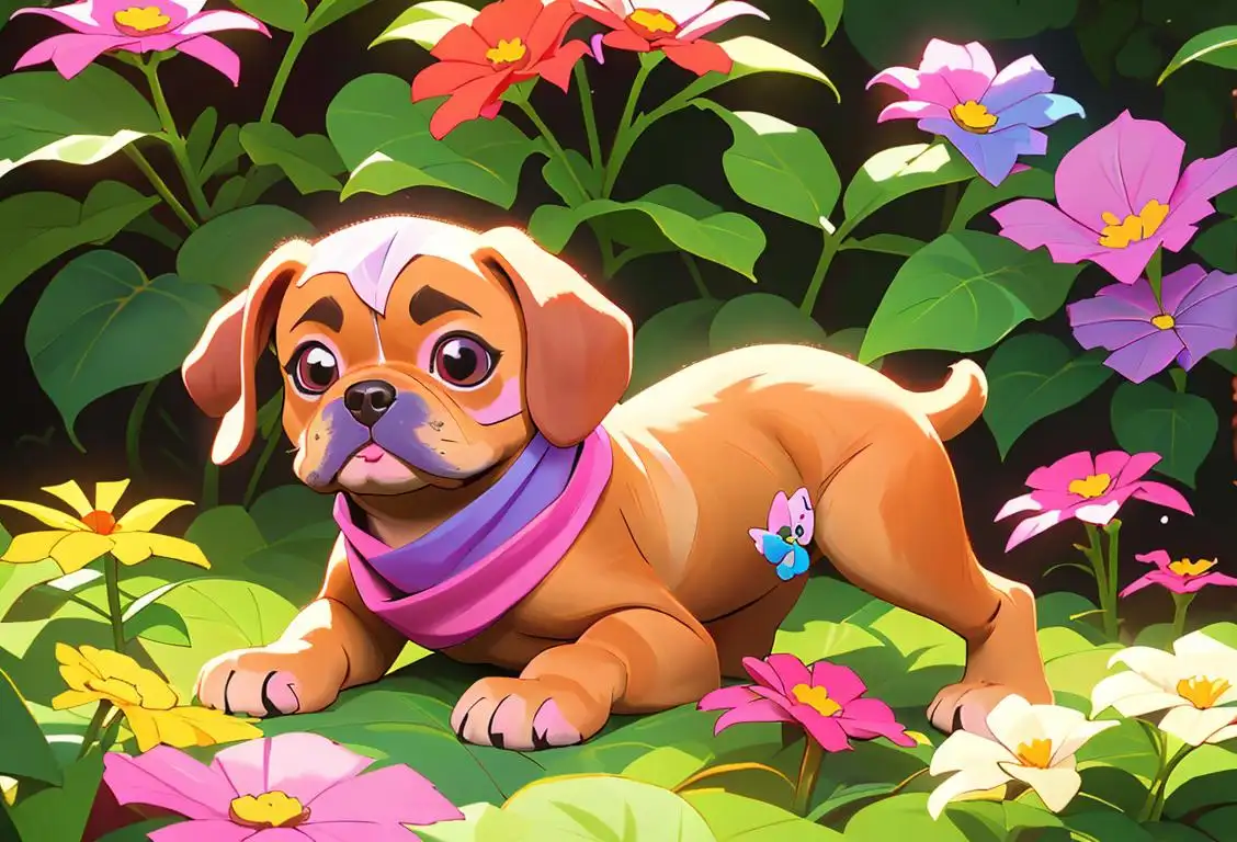 A cute puppeh wearing a colorful bandana, surrounded by a whimsical garden filled with flowers and butterflies..