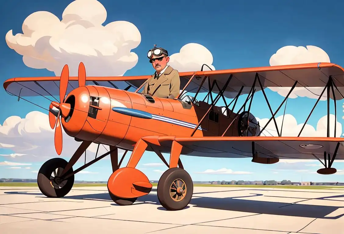 Two men with aviation goggles, wearing vintage pilot uniforms, standing in front of a biplane, with a clear blue sky in the background..