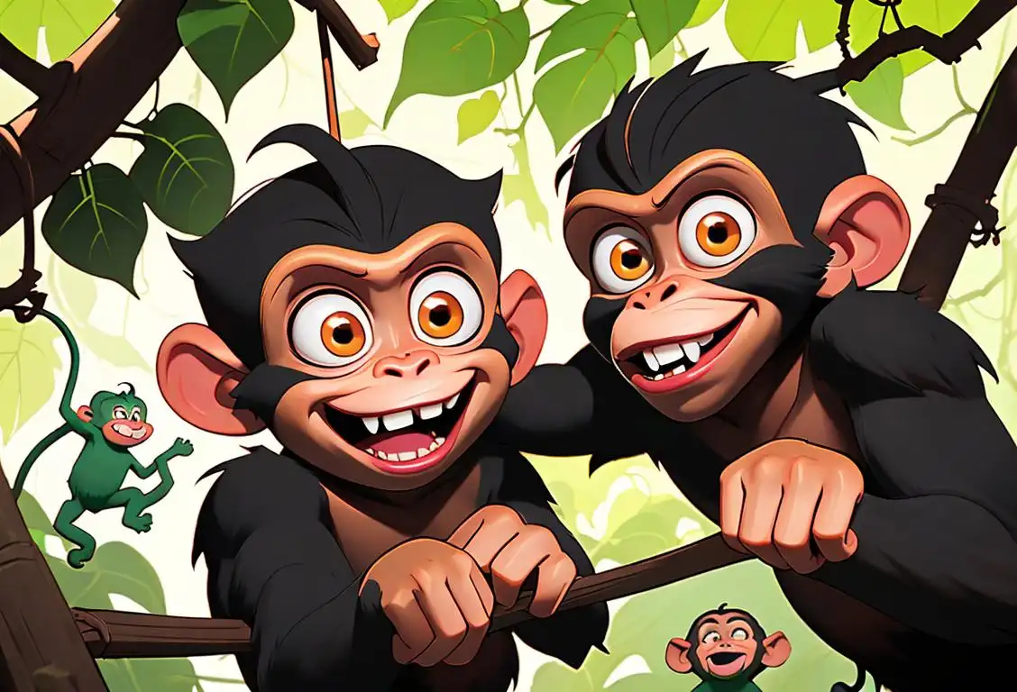 Playful monkeys swinging from vines in a lush jungle, accompanied by joyful laughter and mischievous cheekiness. The scene should include vibrant colors and curious expressions on the monkeys' faces..