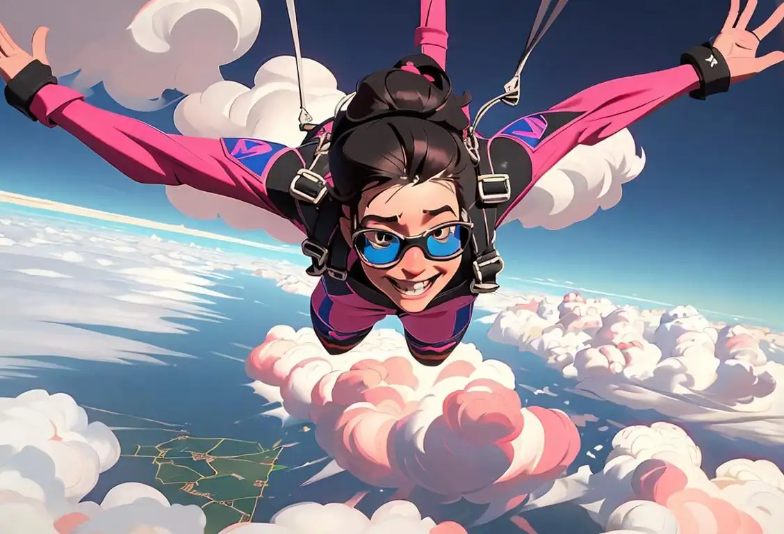 A courageous person skydiving through the clouds, wearing a fearless smile and trendy adventure gear, capturing the essence of National Risky Day..
