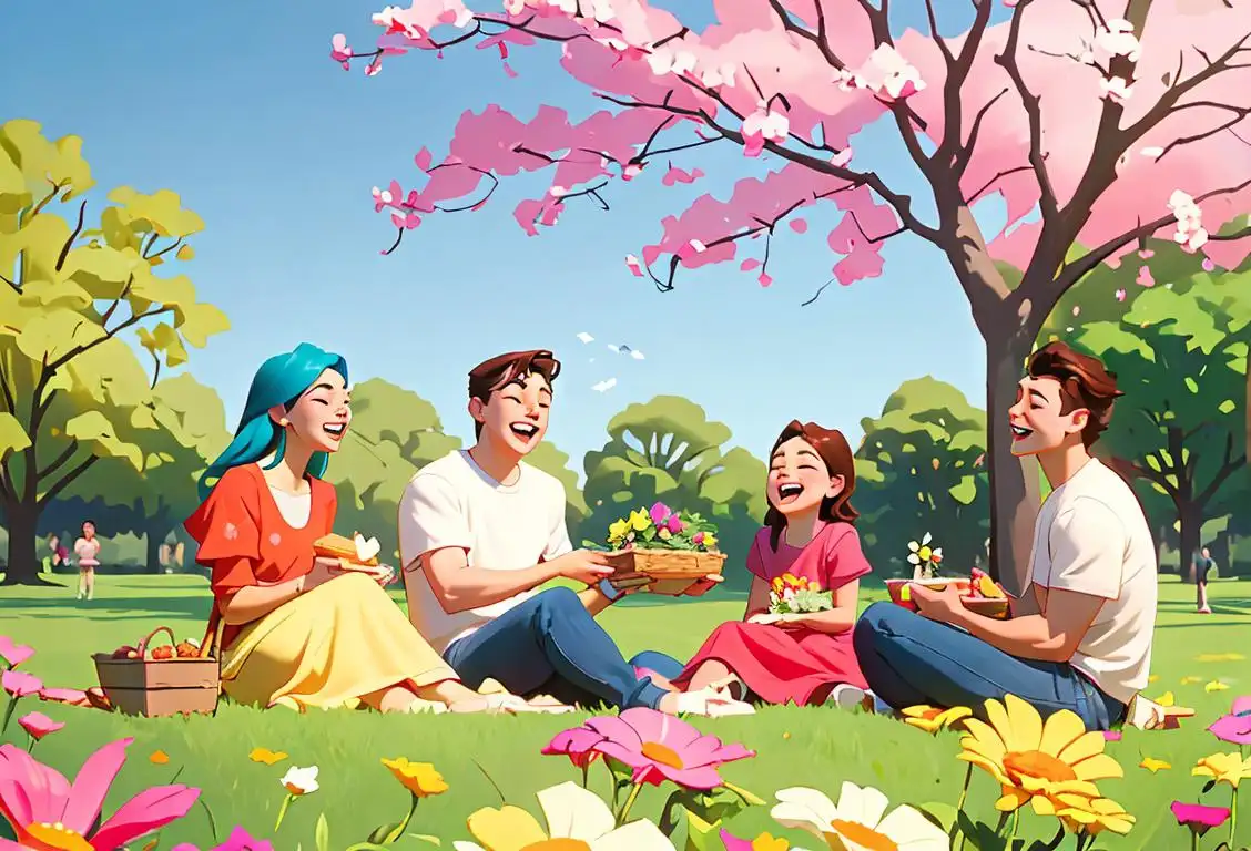 Family of Graysons laughing and enjoying a picnic in a beautiful park, wearing casual outfits, surrounded by colorful flowers and sunshine..