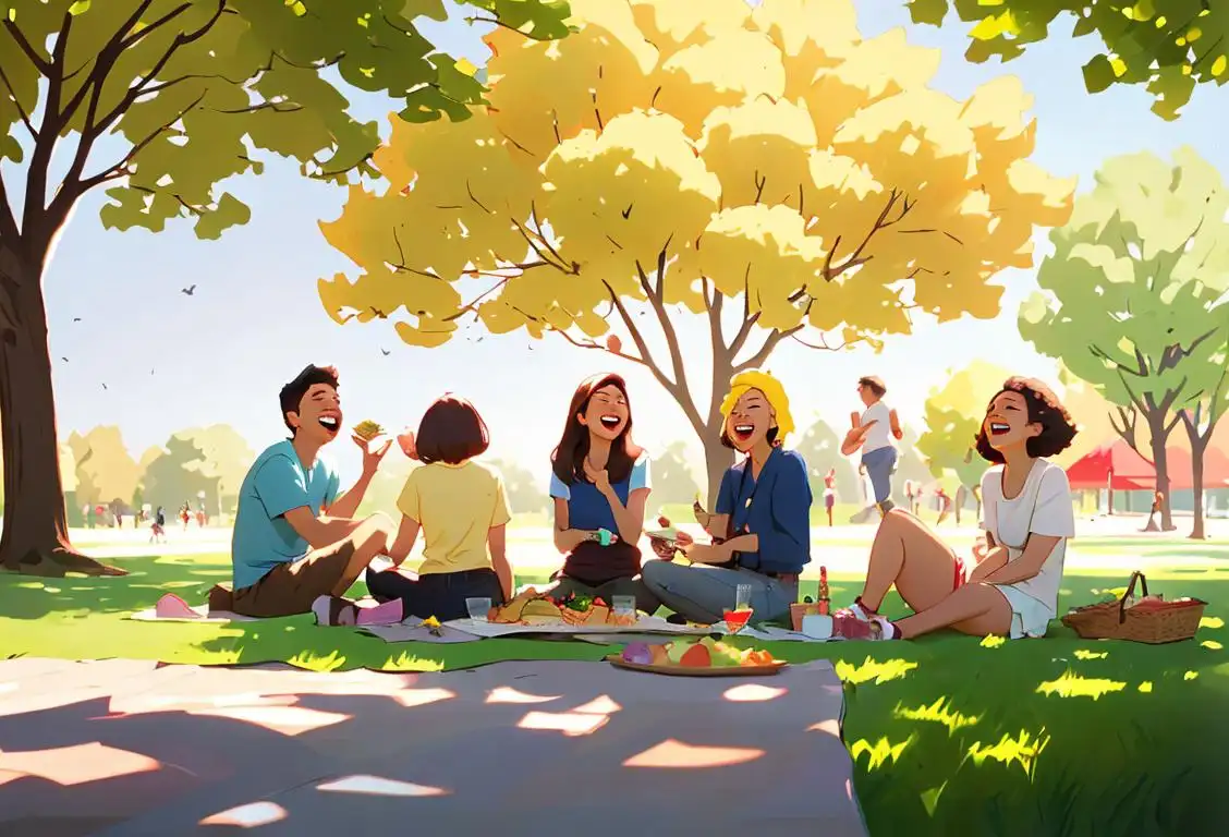 Group of diverse friends laughing and having a picnic in a park, wearing casual outfits, sunny outdoor setting..