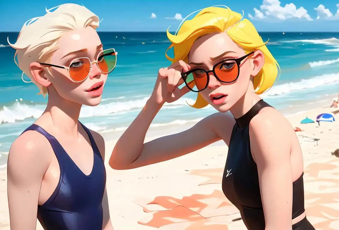 A diverse group of individuals with albinism enjoying a sunny day at the beach, sporting colorful swimwear and trendy sunglasses, creating vibrant memories..