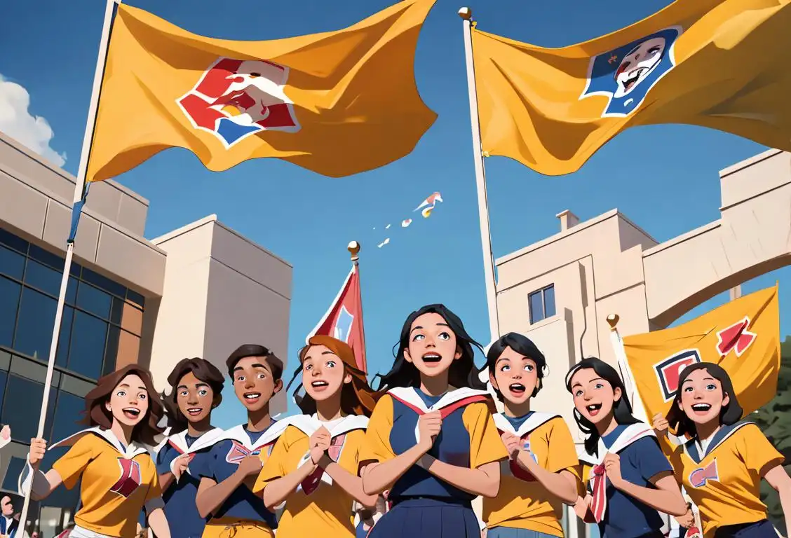 Group of college students excitedly wearing their school colors, striking a pose in front of their campus with flags and banners..