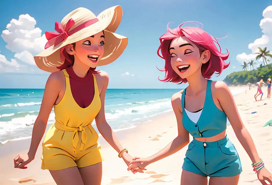 Two best friends, holding hands and laughing, wearing matching friendship bracelets and summer vacation outfits, beach setting..