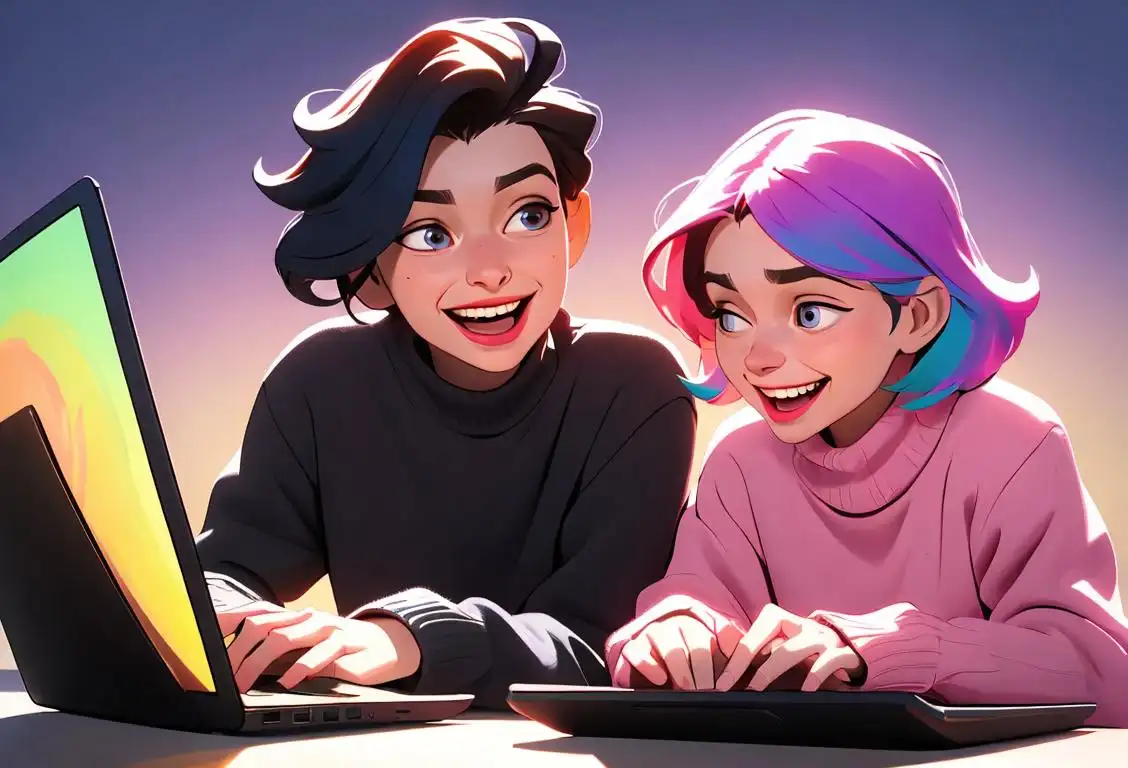 Two friends laughing while video chatting on laptops, one wearing a cozy sweater and the other in a trendy outfit, with a backdrop of a colorful virtual world..
