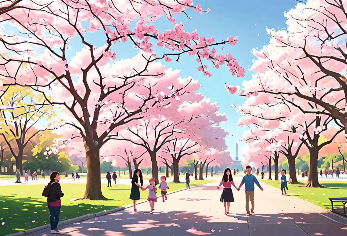 Smiling family holding hands, walking through iconic National Mall, beautiful cherry blossom trees in the background..