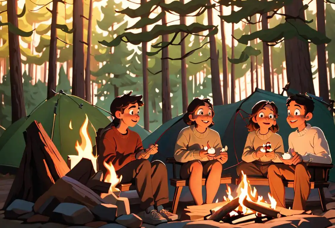 Happy family sitting around a campfire in a beautiful forest, roasting marshmallows, wearing cozy sweaters, surrounded by nature..