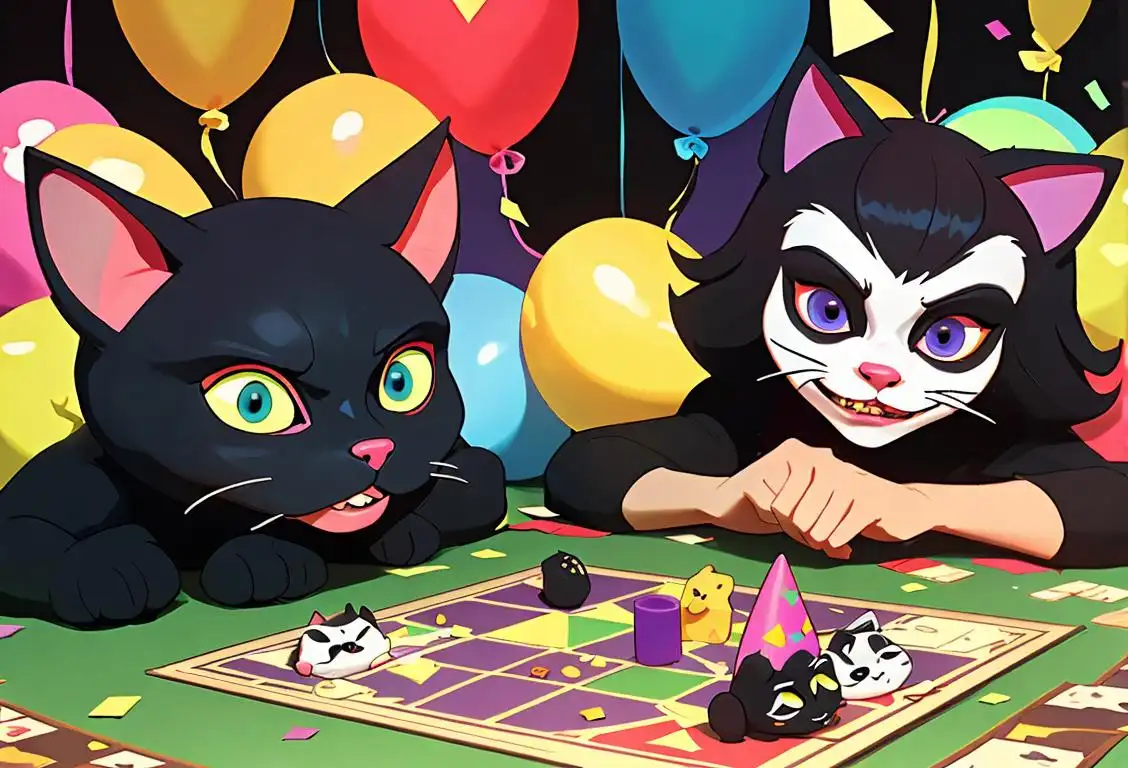 Two friends, one mischievous with a cat mask, board game pieces scattered, surrounded by colorful confetti and party hats..