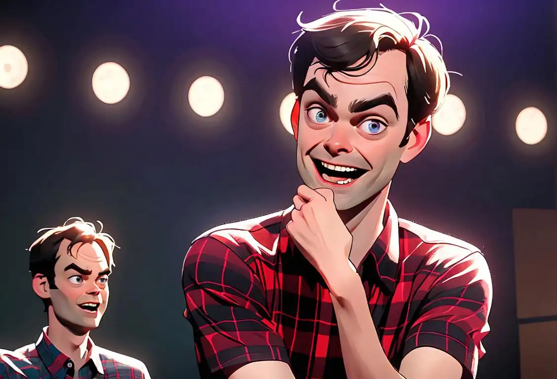 A charming and talented Bill Hader look-alike, wearing a plaid shirt, cracking jokes on a stage surrounded by laughing audience..
