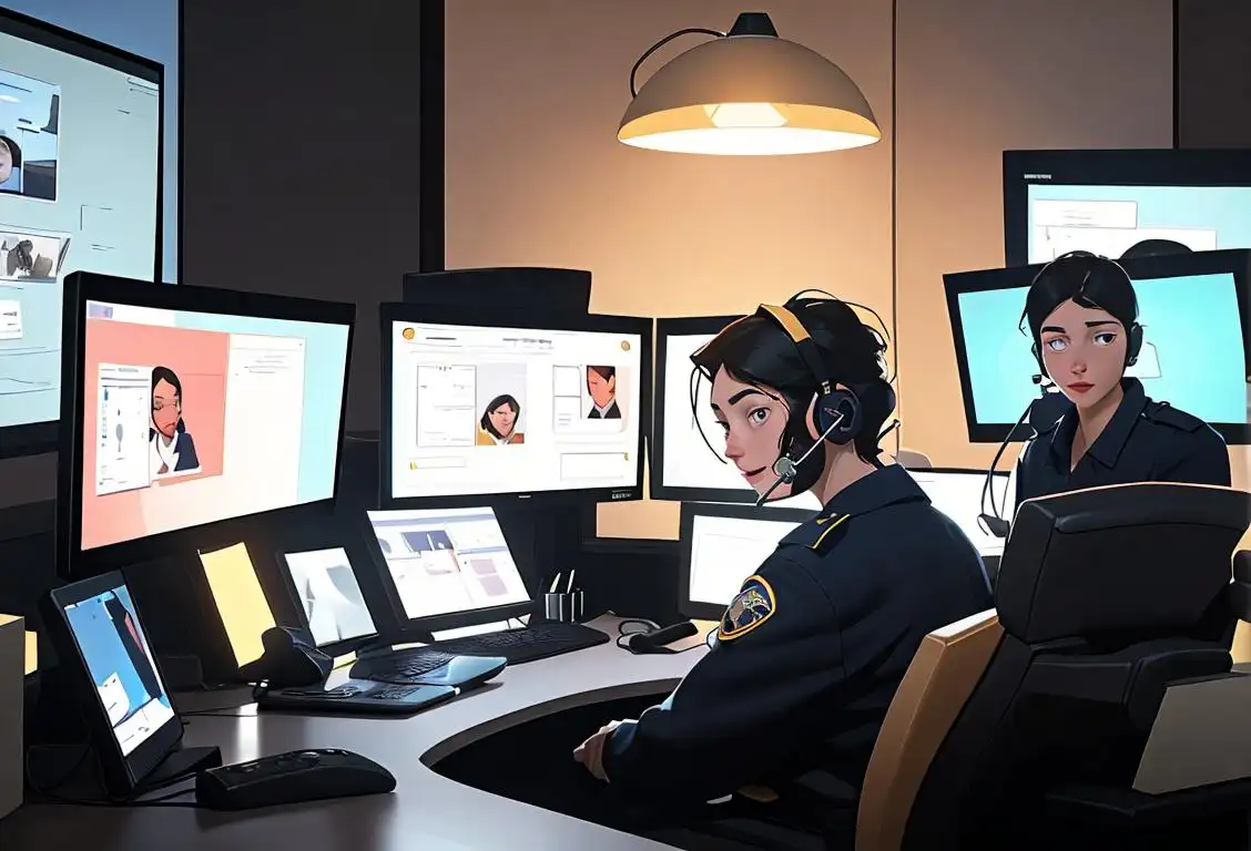 A friendly and attentive emergency dispatcher with a headset, sitting at a desk in a well-lit and modern call center, surrounded by screens and equipment..