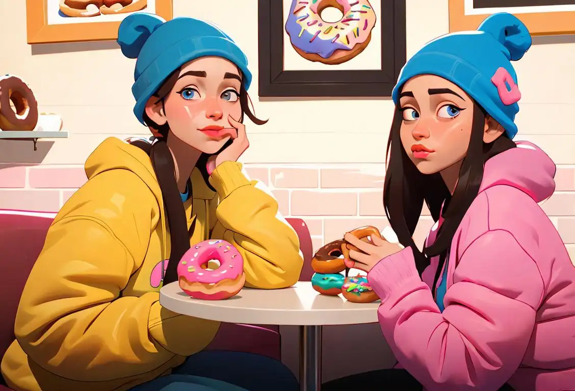 Two friends sharing a donut, one in a colorful retro outfit and the other wearing a trendy beanie, surrounded by a cozy café atmosphere..