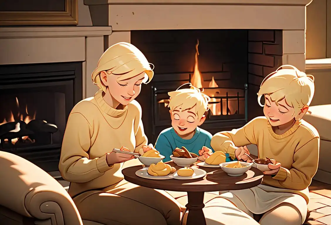A happy family enjoying a bowl of delicious vanilla custard, wearing cozy sweaters, sitting by a fireplace in a rustic countryside home..