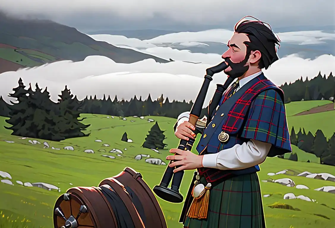 Happy National Bagpipe Day! Picture a person wearing a Scottish tartan kilt, playing bagpipes on a misty Scottish hilltop..